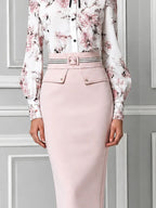 Blush Pink Floral Print Ruffle Neck Chiffon Blouse & High Waist Pencil Midi Skirt Two-Piece Suit Set
