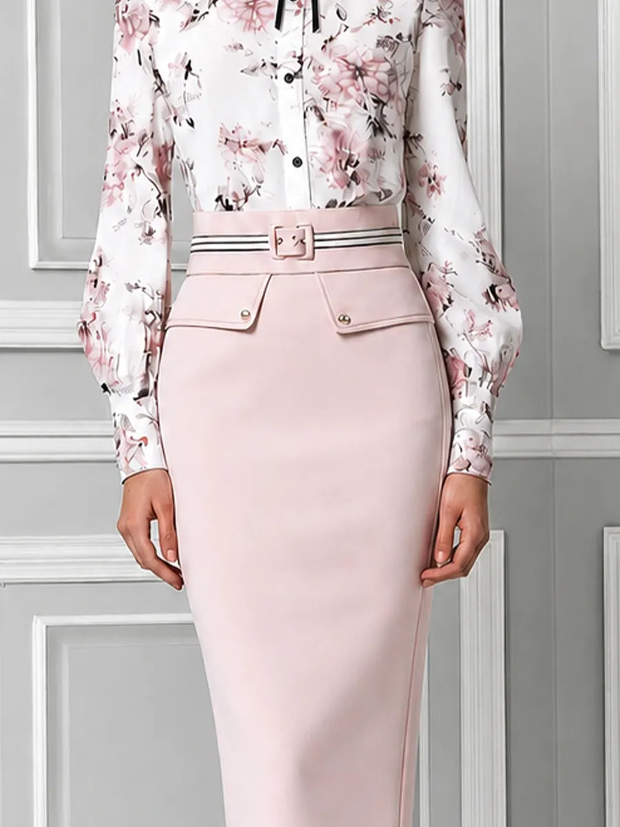 Blush Pink Floral Print Ruffle Neck Chiffon Blouse & High Waist Pencil Midi Skirt Two-Piece Suit Set