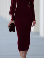 Fringe Cape Off-Shoulder Knit Midi Dress