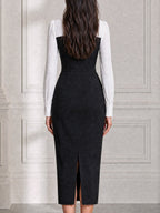 Elegant Colorblock Bow Tie Neck Sheath Midi Dress