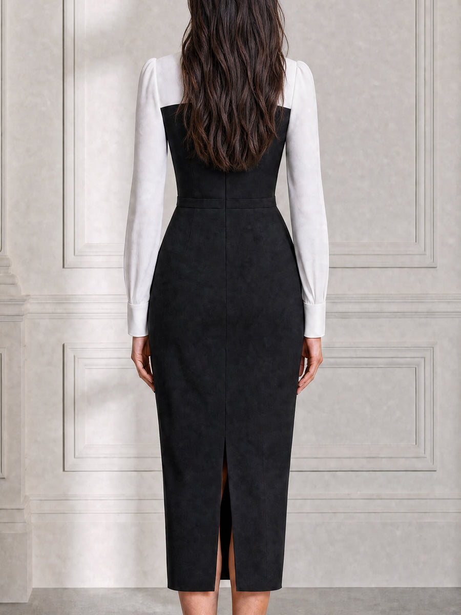 Elegant Colorblock Bow Tie Neck Sheath Midi Dress