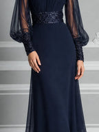 Navy Sheer Chiffon Bishop Sleeve Sequin Waist A-Line Midi Dress