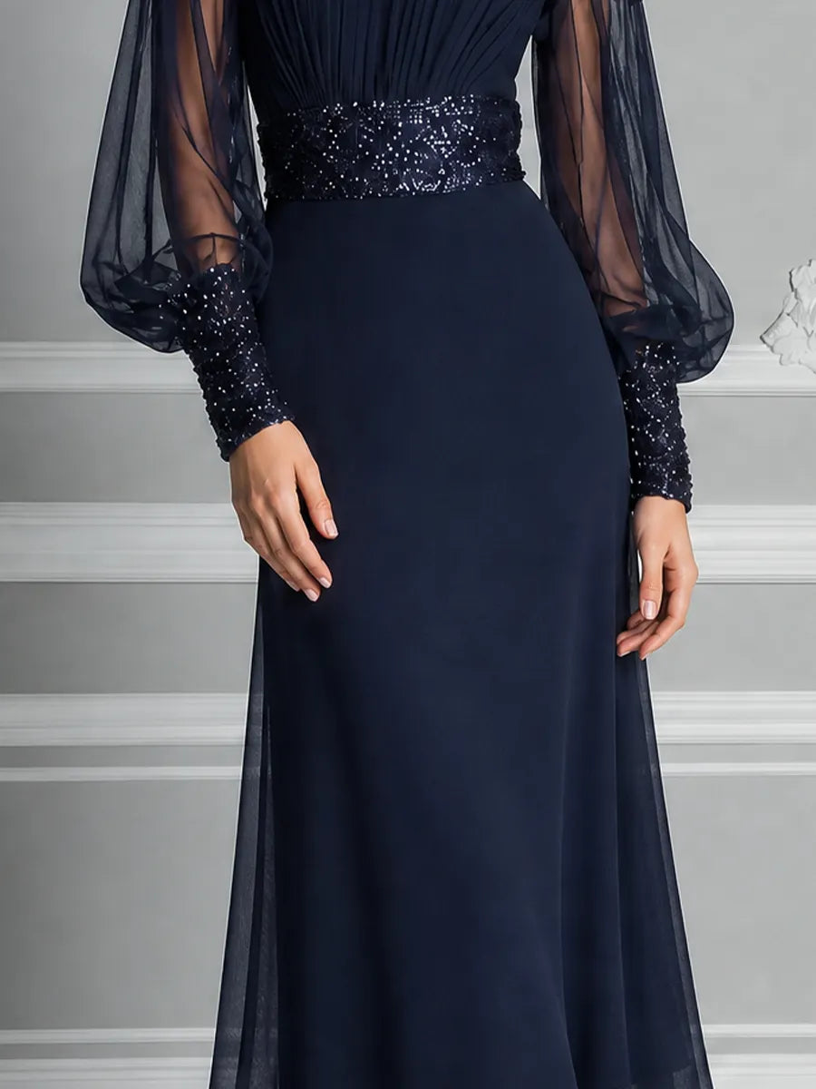 Navy Sheer Chiffon Bishop Sleeve Sequin Waist A-Line Midi Dress