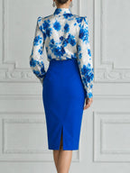 Blue Floral Satin Blouse & Cobalt Pencil Skirt Set