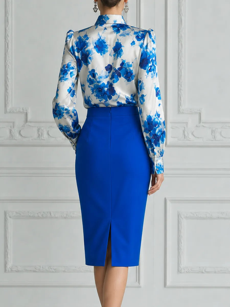 Blue Floral Satin Blouse & Cobalt Pencil Skirt Set