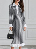 Houndstooth Contrast Collar Ruffle Flounce Cuffs & Hem Midi Dress