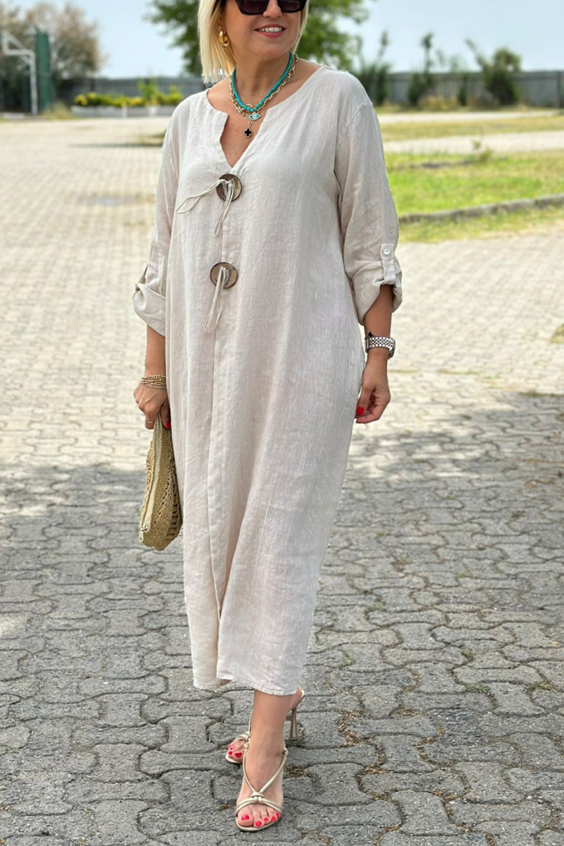 V-neck Button Detail Cotton And Linen Dress