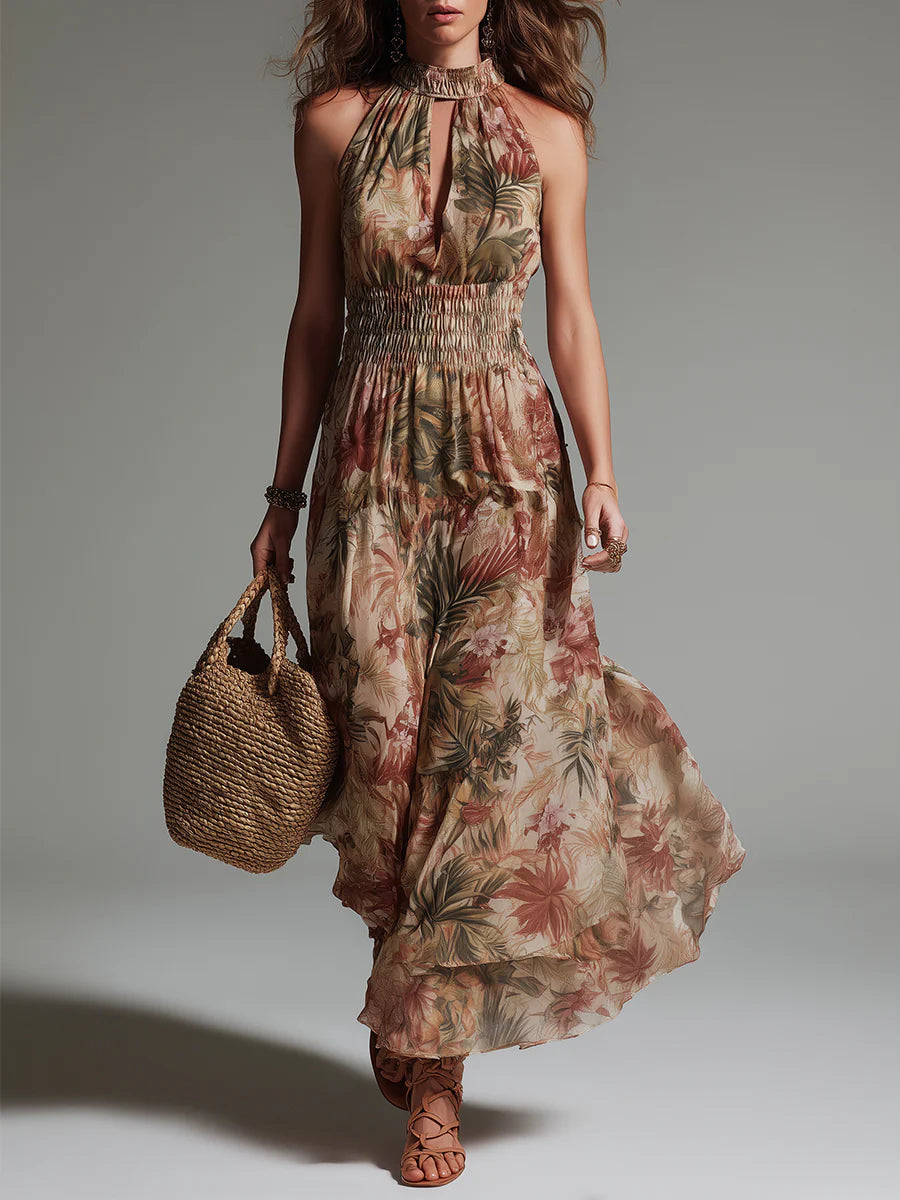 Tropical Rainforest Print Keyhole Waist-cinching Maxi Dress