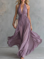 Stylish Halter Neck V-neck Sleeveless Chiffon Maxi Dress