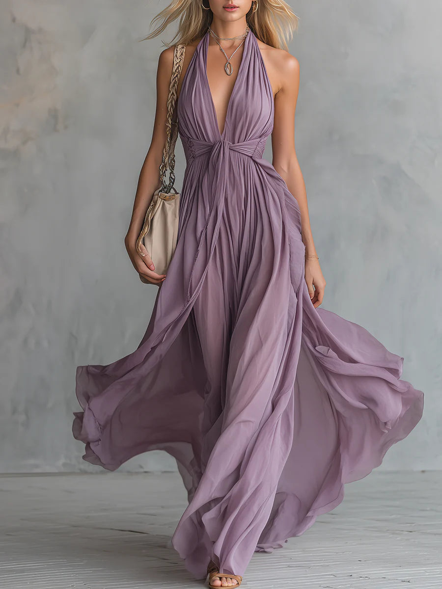 Stylish Halter Neck V-neck Sleeveless Chiffon Maxi Dress