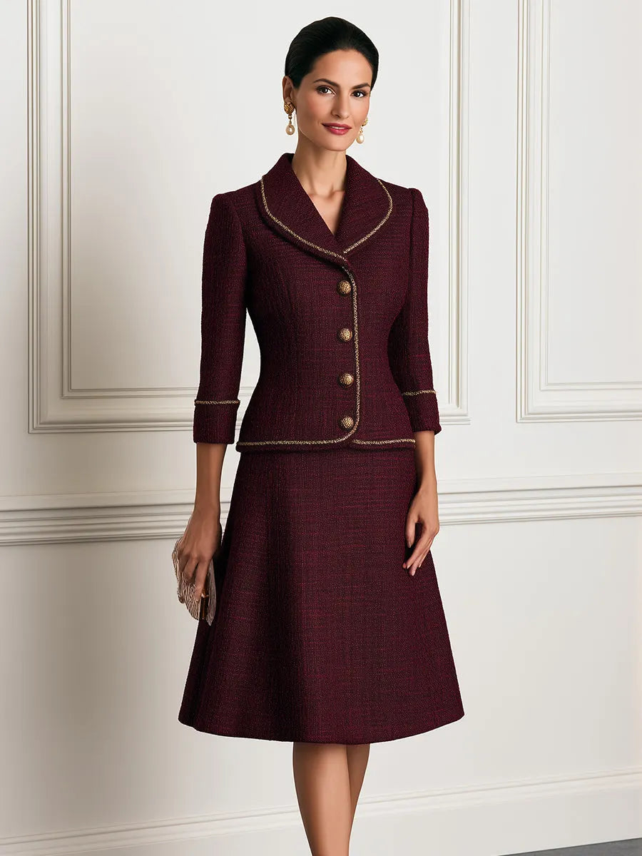 Tweed Shawl-Collar Jacket & A-Line Midi Skirt Set