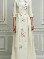 White A-Line Maxi Dress With Mandarin Collar