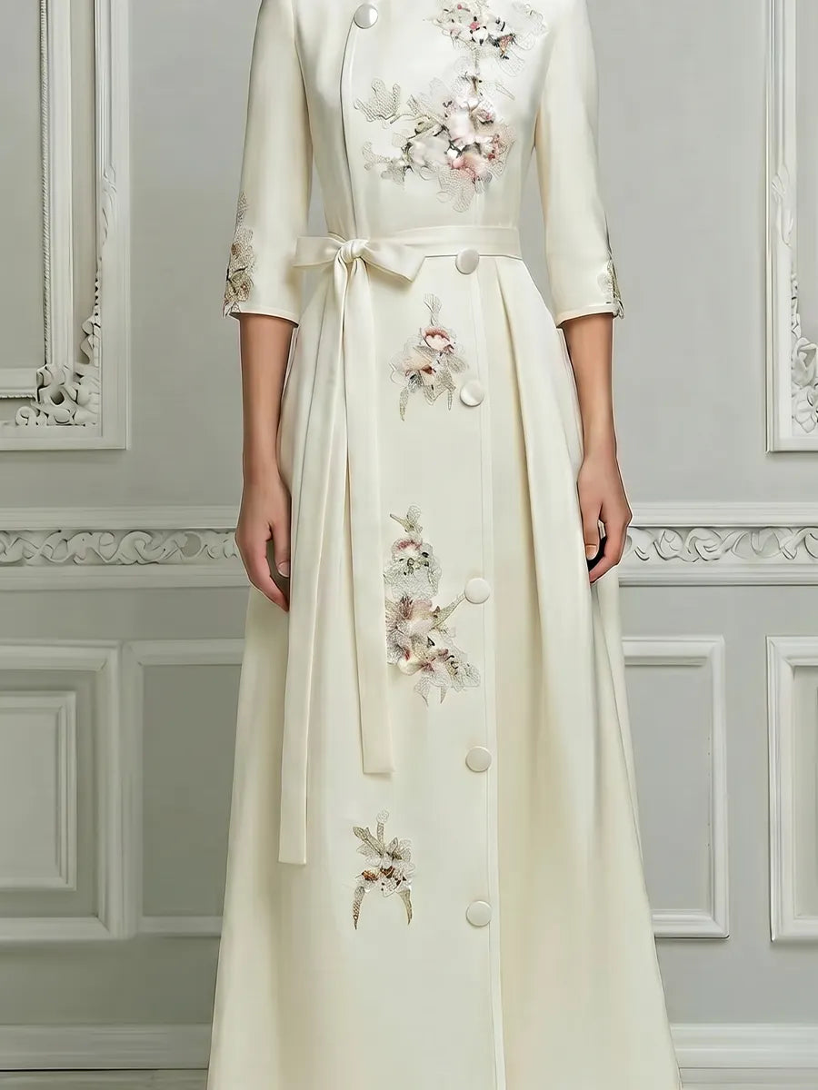 White A-Line Maxi Dress With Mandarin Collar