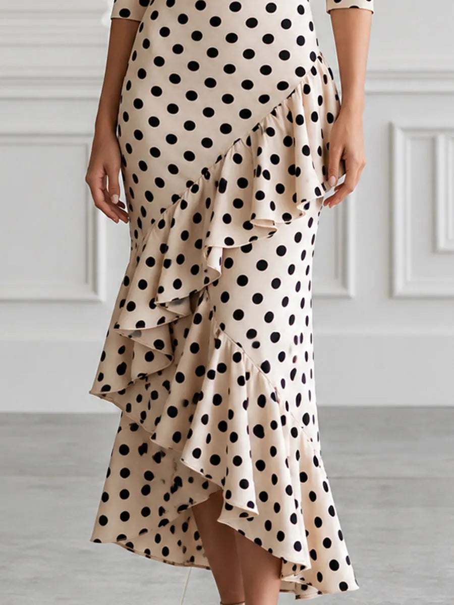 Polka Dot Wrap Asymmetrical Ruffle Midi Dress