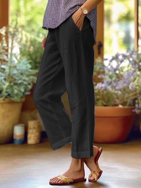 Loose Solid Color Elastic Waist Pocket Straight Cotton And Linen Casual Pants
