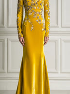 Golden Yellow Off Shoulder Embroidered Mermaid Satin Maxi Dress