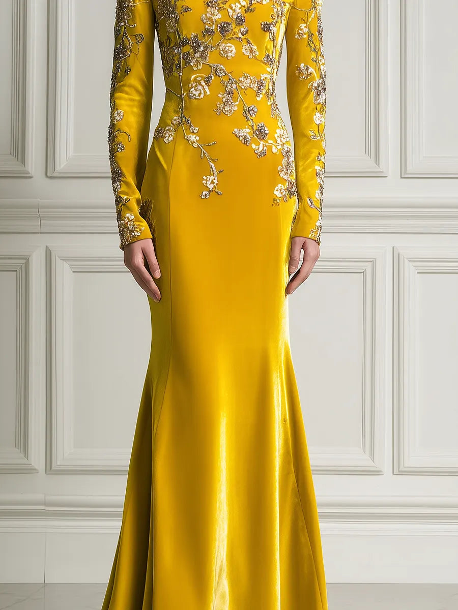 Golden Yellow Off Shoulder Embroidered Mermaid Satin Maxi Dress