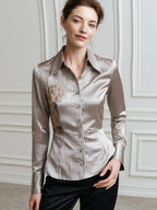 Floral Print Pinstripe Satin Fitted Shirt