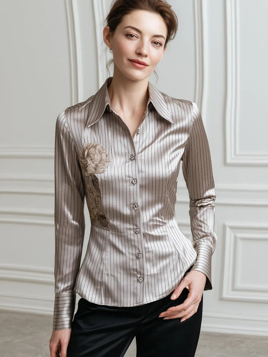 Floral Print Pinstripe Satin Fitted Shirt