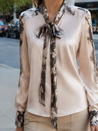 Satin Snake-Print Tie-Neck Blouse