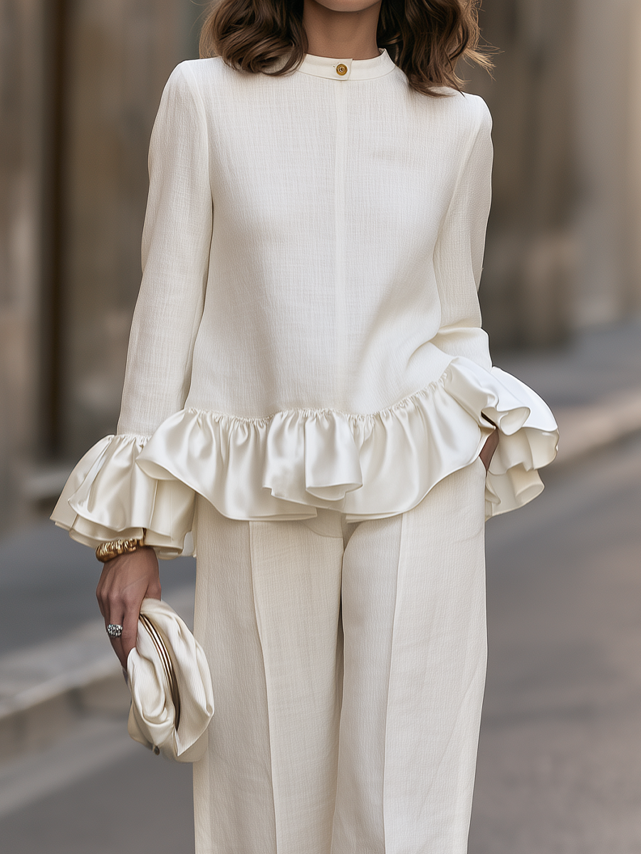 Ruffle-Hem Long-Sleeve Top And Wide-Leg Pants Set