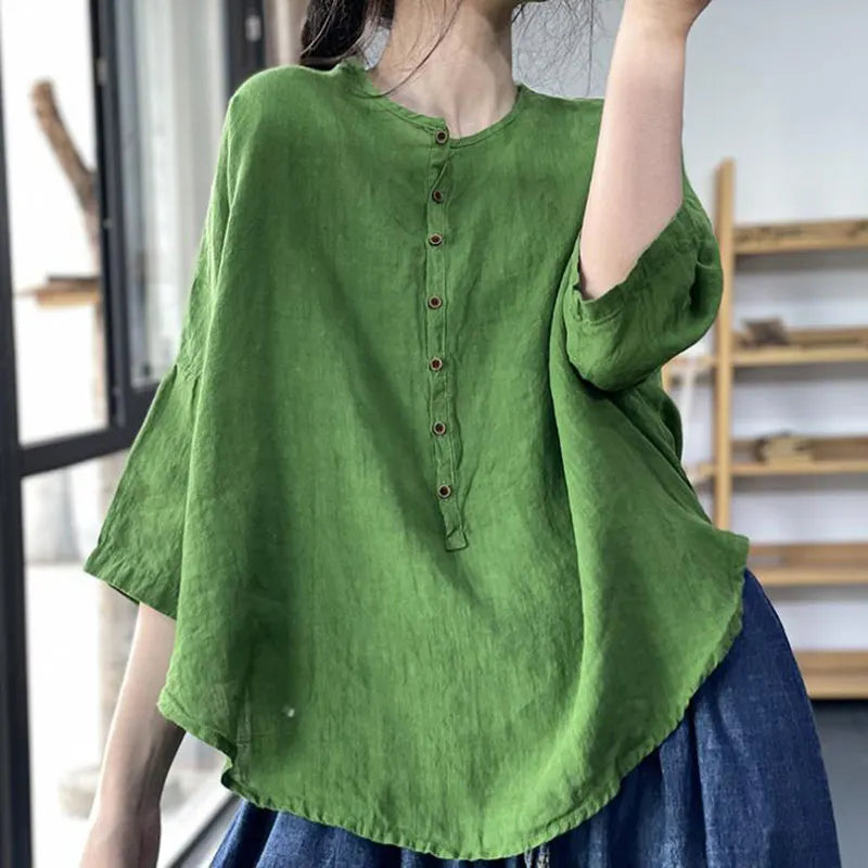 Vintage Plain Crew Neck Button Cotton Linen Casual Shirt