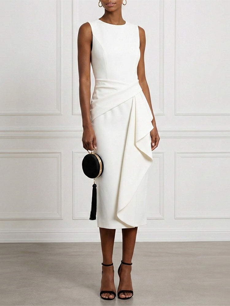 Elegant Solid Color Asymmetrical Midi Dress