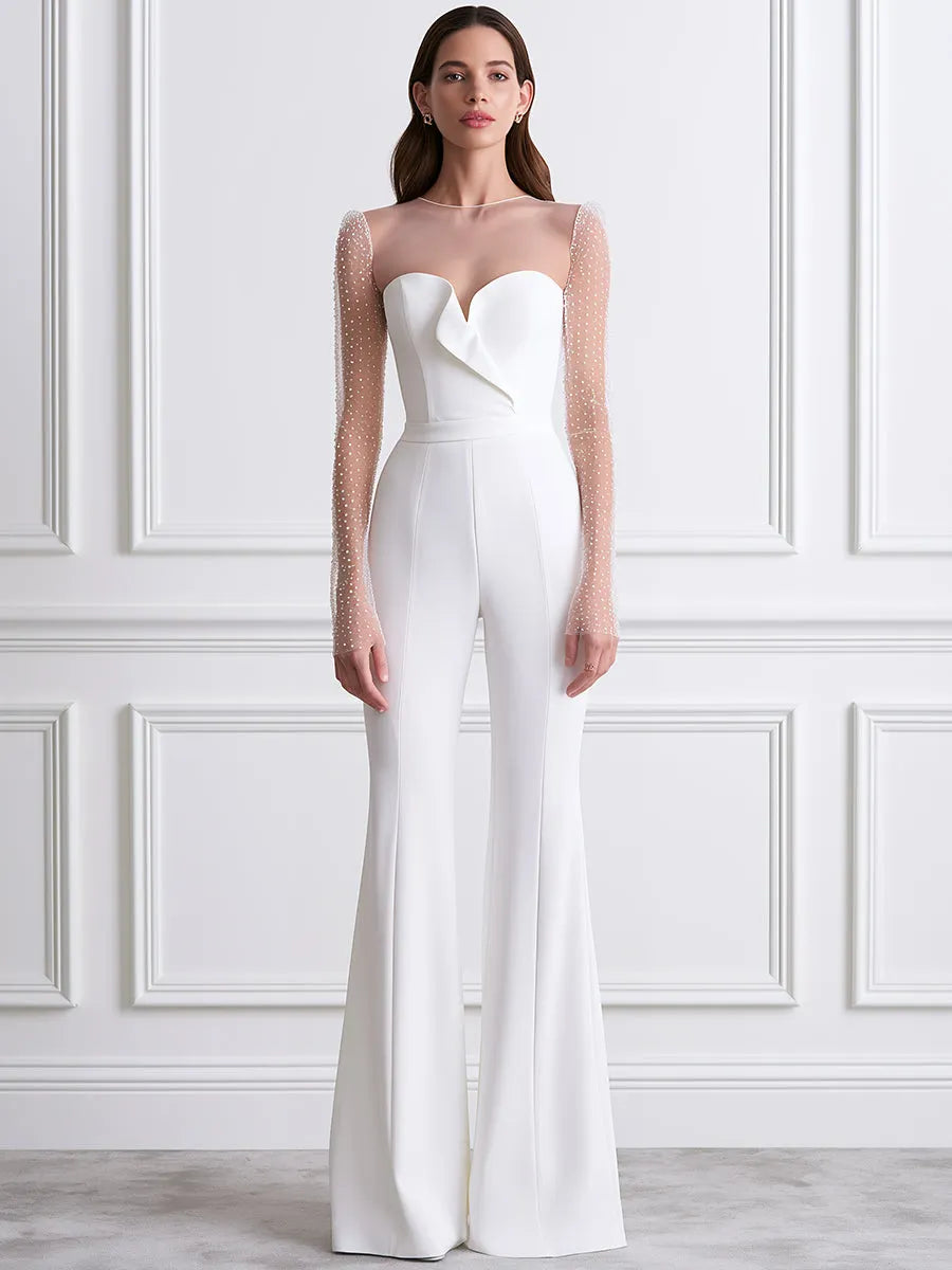Illusion Mesh Long Sleeve Sweetheart Flare Jumpsuit