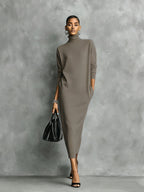 Women's Elegant Black Knitted Turtleneck Long-sleeved Loose-fitting Maxi Dress With No Pockets