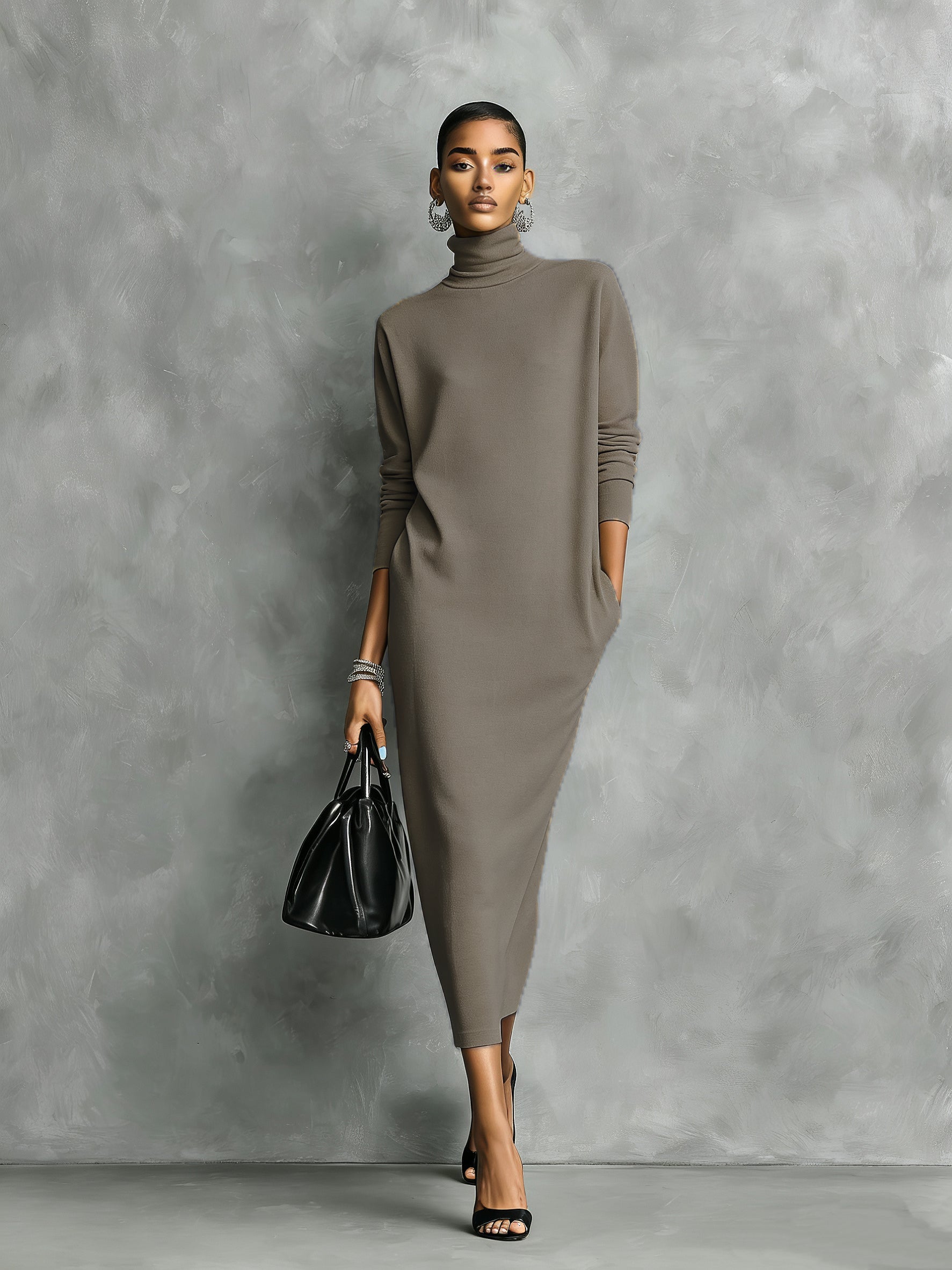 Women's Elegant Black Knitted Turtleneck Long-sleeved Loose-fitting Maxi Dress With No Pockets