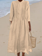 Women's Pleated Cotton and Ramie Long-sleeved Dress
