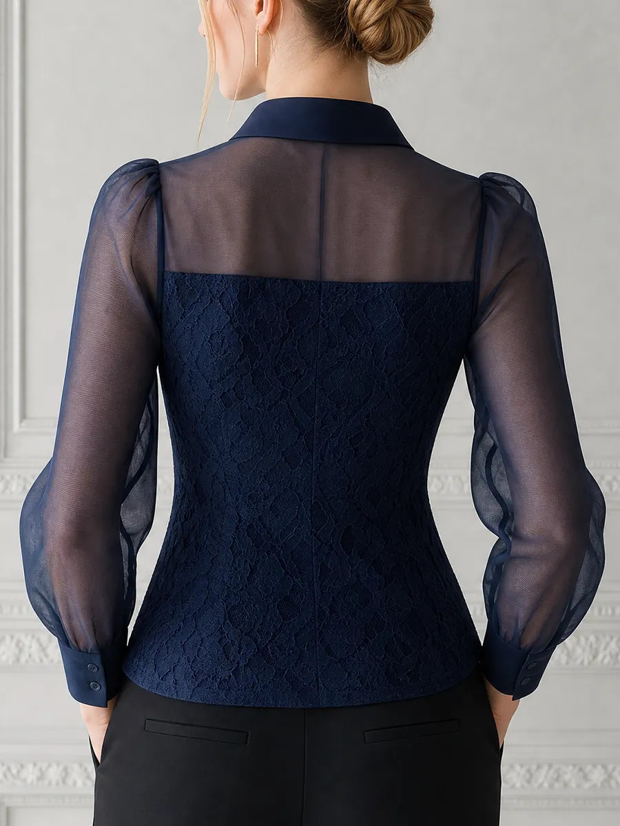 Navy Lace Sheer Sleeve Button Front Blouse