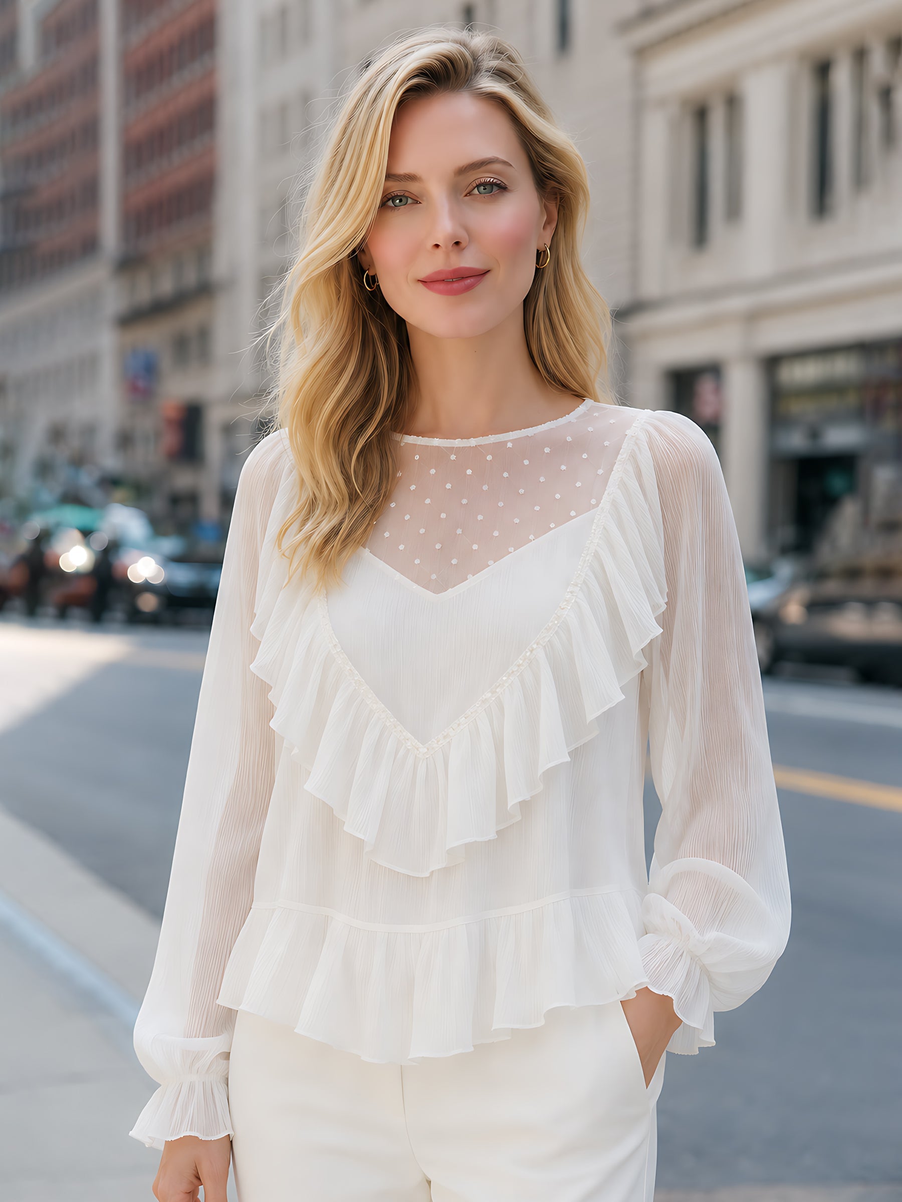 Dot-Jacquard Chiffon Ruffle Blouse