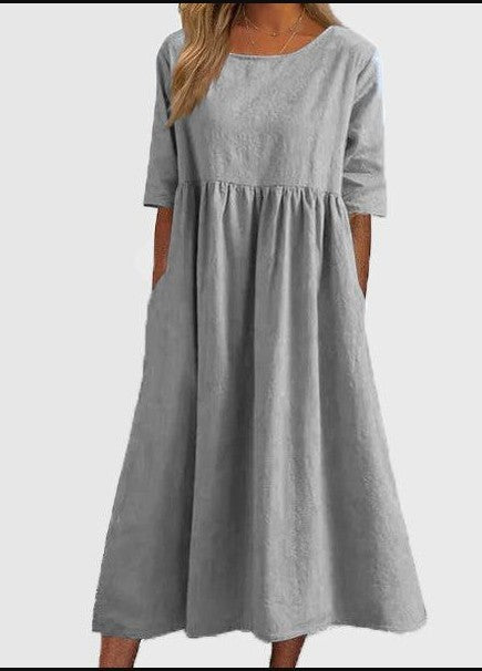 2025 spring and summer new round neck 5-quarter sleeve large size loose long cotton and linen dress