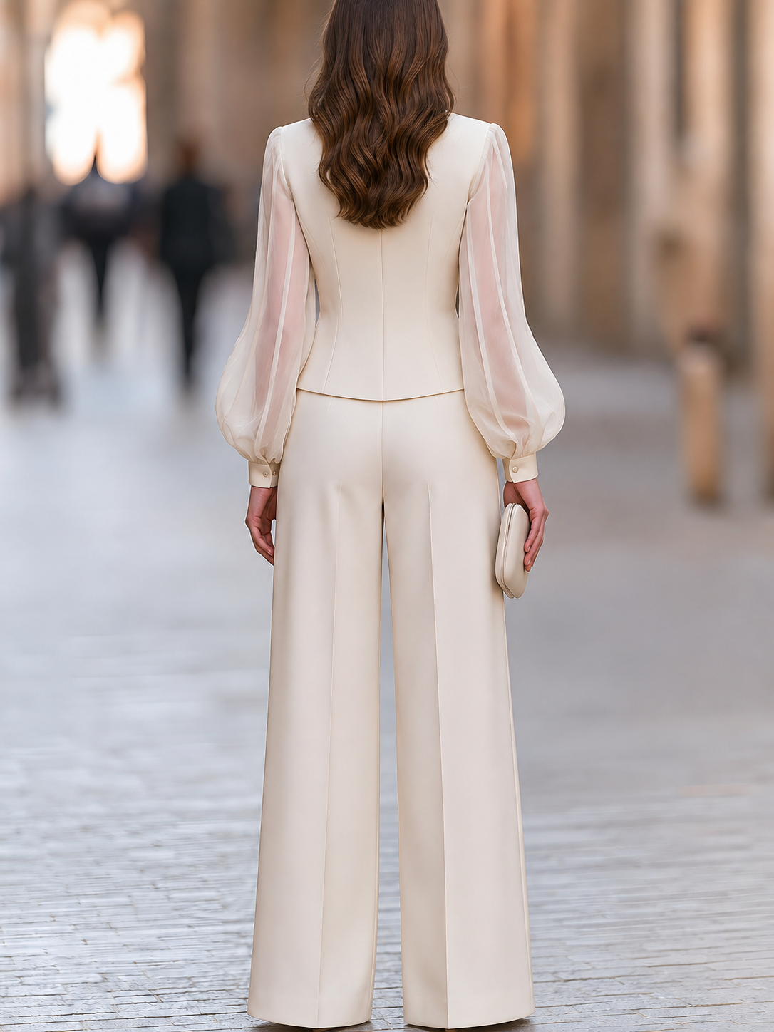 Ivory Sheer Sleeve Blazer With Wide Leg Trousers Set