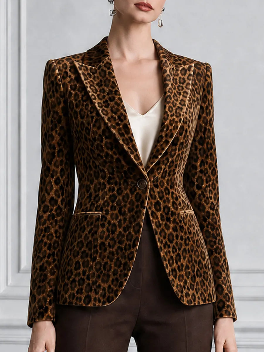 Leopard Print Velvet Single-Button Tailored Blazer