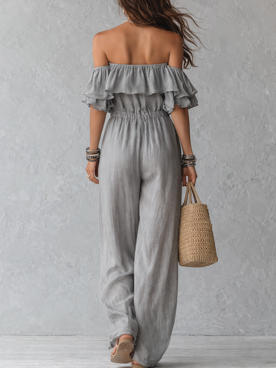 Bohemian style Gray Off the shoulder Wide leg Jumpsuit With Ruffled Details