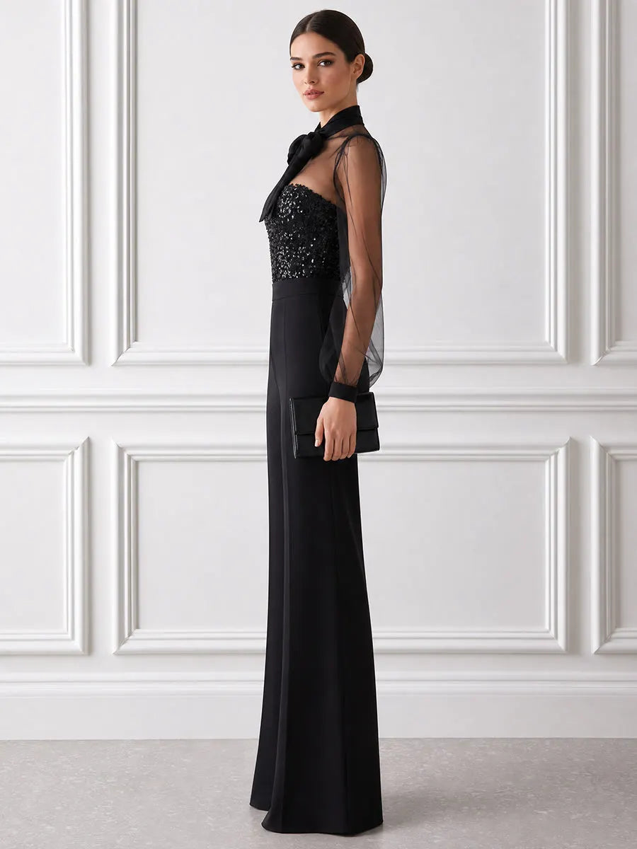 Sheer Mesh Long Sleeve Sequin Bodice Wide Leg Jumpsuit with Tie Neck