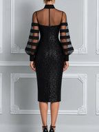 High-Neck Sheer Sleeve Sequin Midi Dress