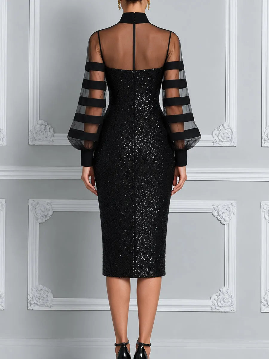 High-Neck Sheer Sleeve Sequin Midi Dress