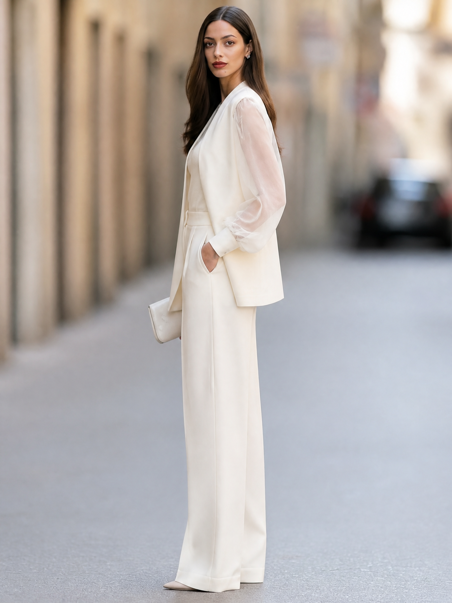 Women's Sheer Puff-Sleeve Blazer And Wide-Leg Trousers Two-Piece Set