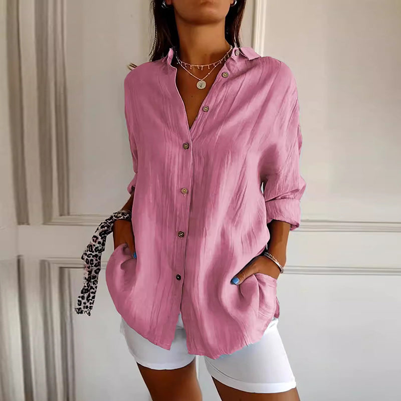 Casual Single Breasted Pleated Lapel Solid Color Cotton Linen Shirt