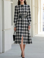 Vintage Black White Plaid Stand Collar Belted Midi Shirt Dress