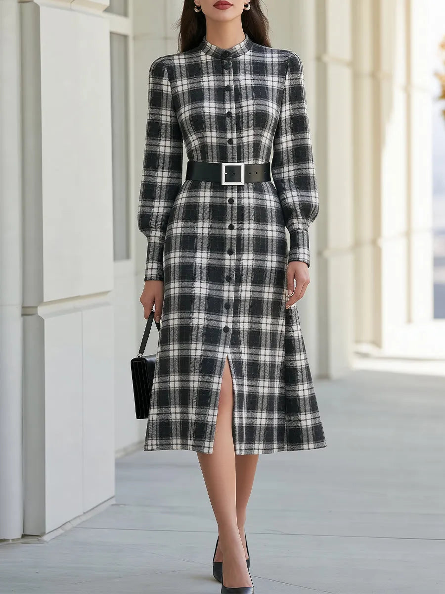 Vintage Black White Plaid Stand Collar Belted Midi Shirt Dress