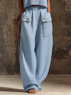 Casual Cargo Pockets Cotton-linen Wide-leg Pants