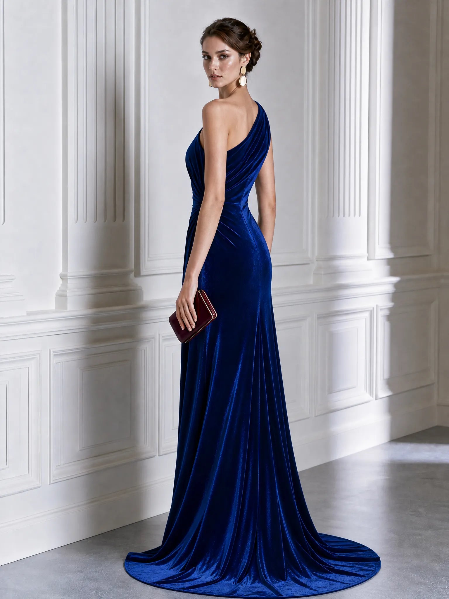 One-Shoulder Velvet Draped Mermaid Evening Gown
