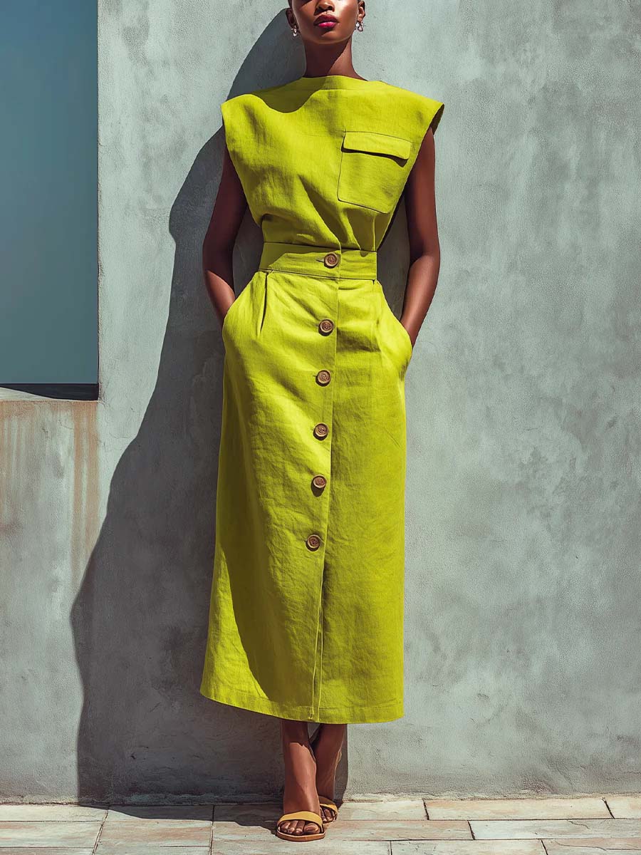 Women's Solid-color Stand-collar Sleeveless Loose-fit Cotton-linen Top & High-waisted Skirt Set