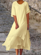 Polyester Cotton Double-Layer Color-Block Slit Short-Sleeved Round Neck Dress