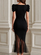 Puff Sleeve Sweetheart Mesh Patchwork Midi Bodycon Dress