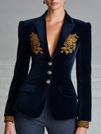 Navy Velvet Embroidered Peak Lapel Blazer